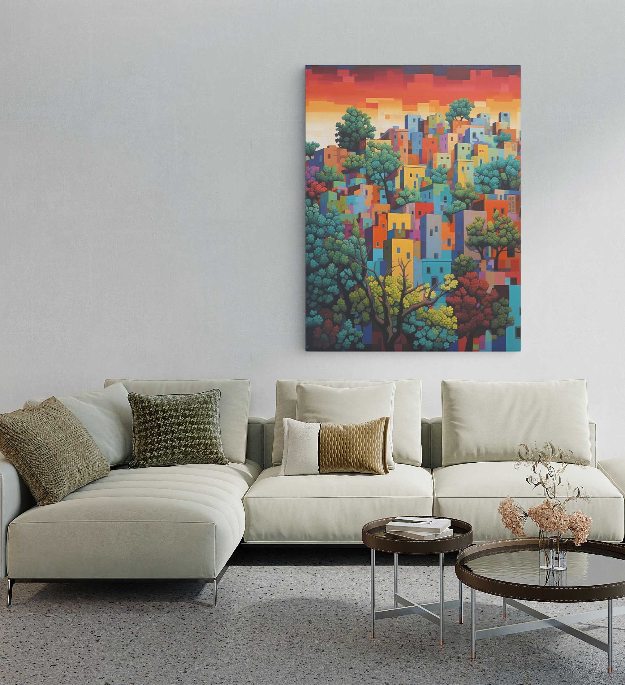 Abstract Painting Of a Village With aColorful House and Trees - Printed Canvas