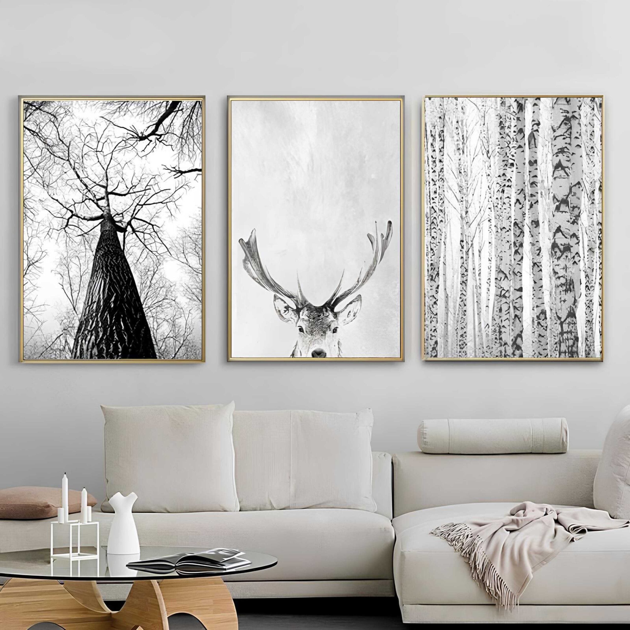 Forest Deer Eagle Black White -Printed Canvas Set ( 3 Pieces )