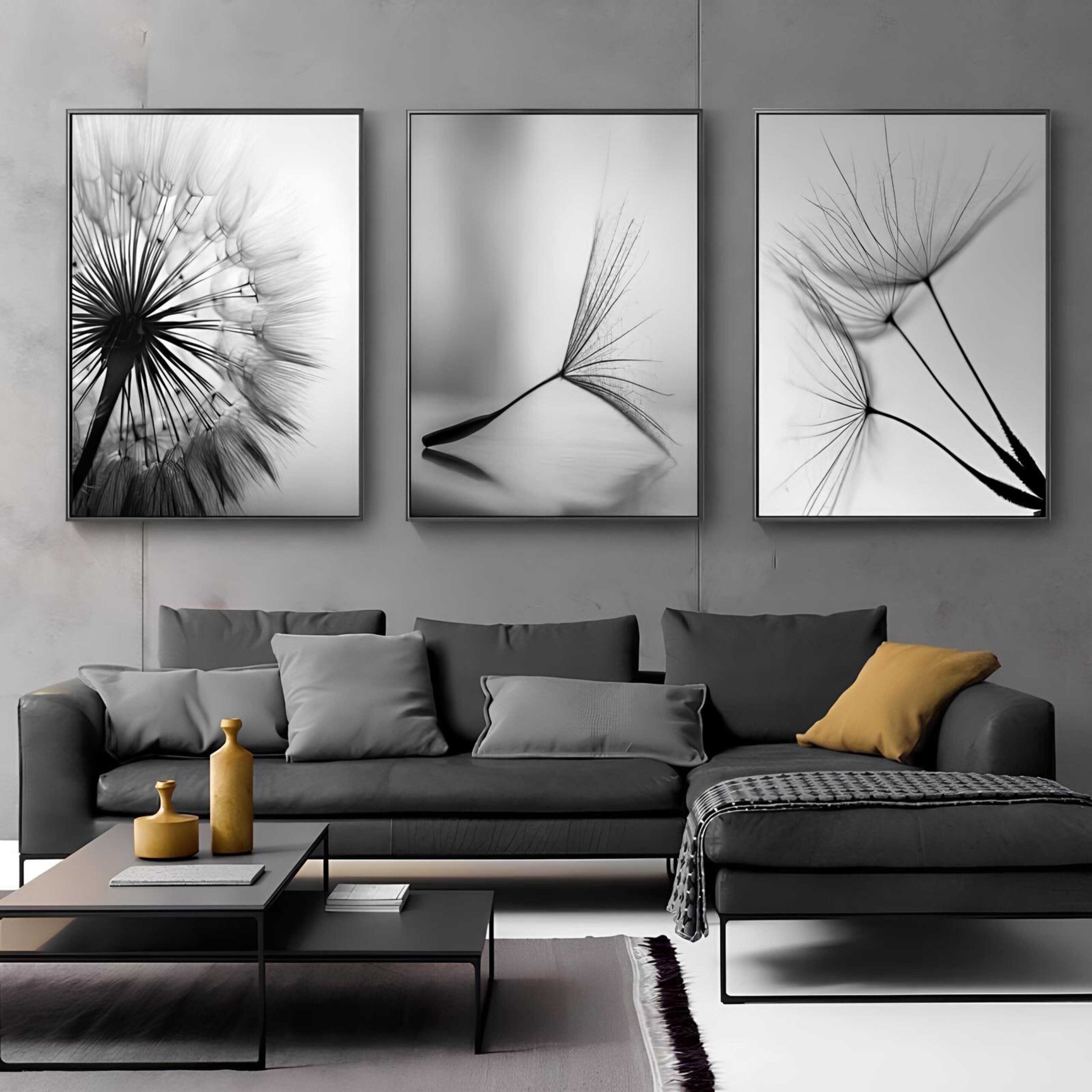 flower Artistic Geometric Black & White - Printed Canvas Set ( 3 Pieces )