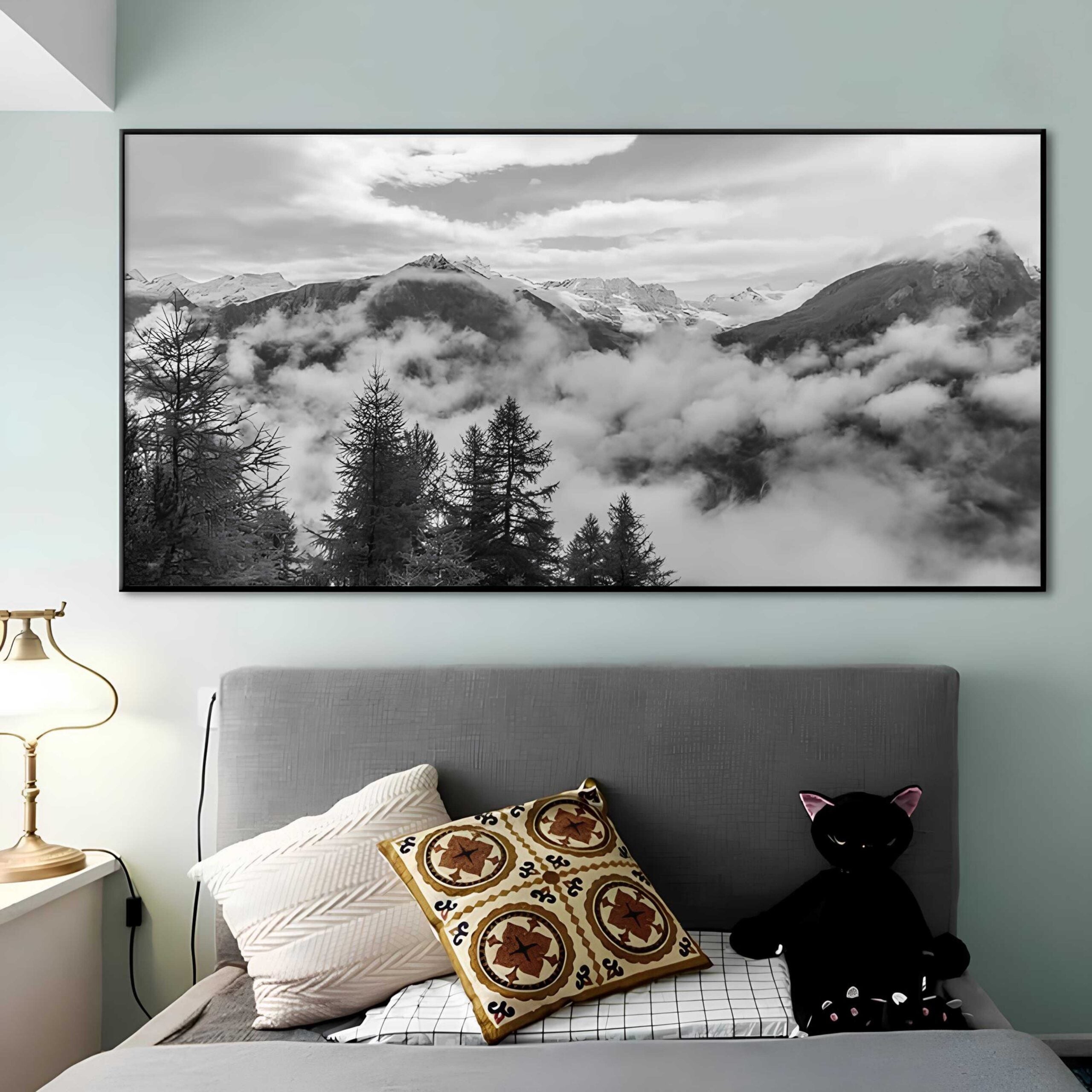 Mountains With Clouds Black White- Printed Canvas