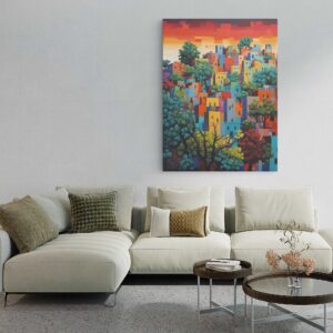 Abstract Painting Of a Village With aColorful House and Trees - Printed Canvas